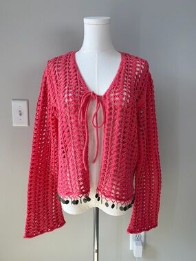 Crochet Open Knit Tie Front Cardigan with Coin Trim
